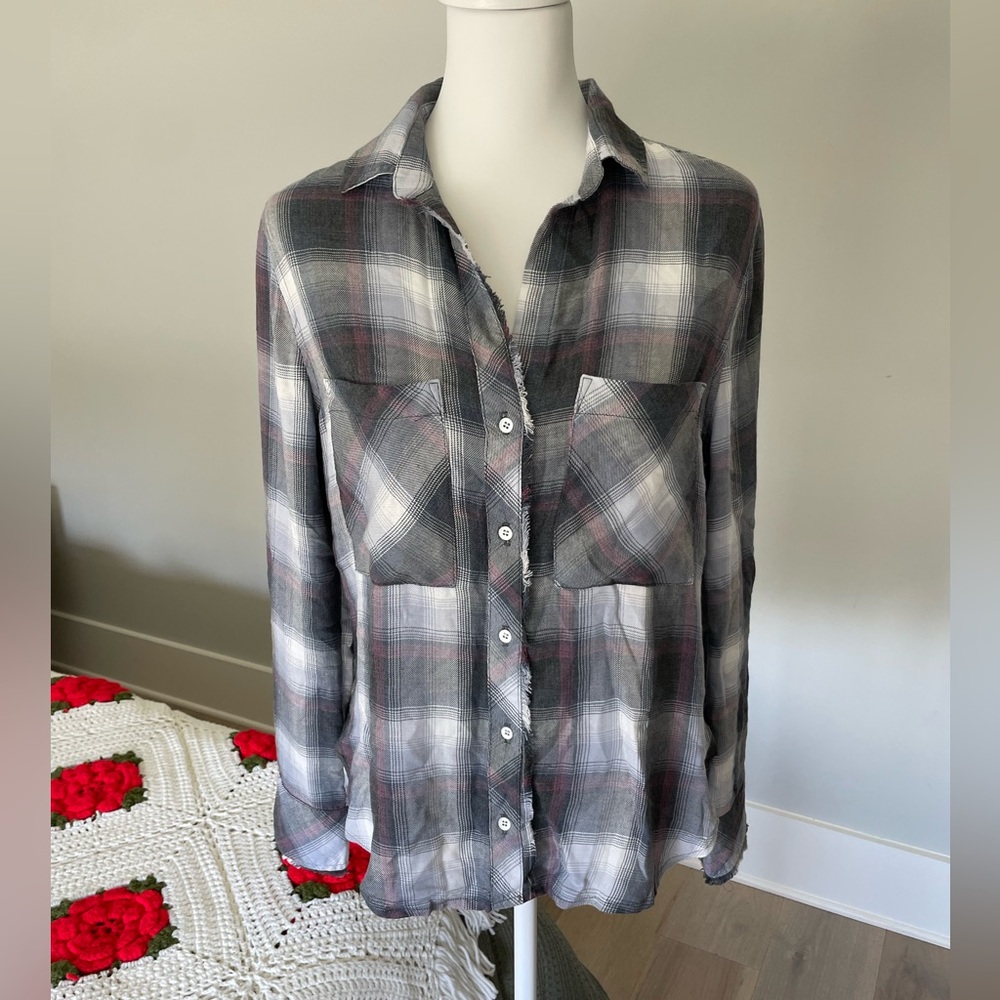 Bella Dahl Frayed-Hem Plaid Button-Down Shirt Size Small